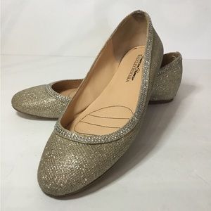 Badgley Mischka American Glamor Women’s Gold Silver And Rhinestone Flats Sz 7.5